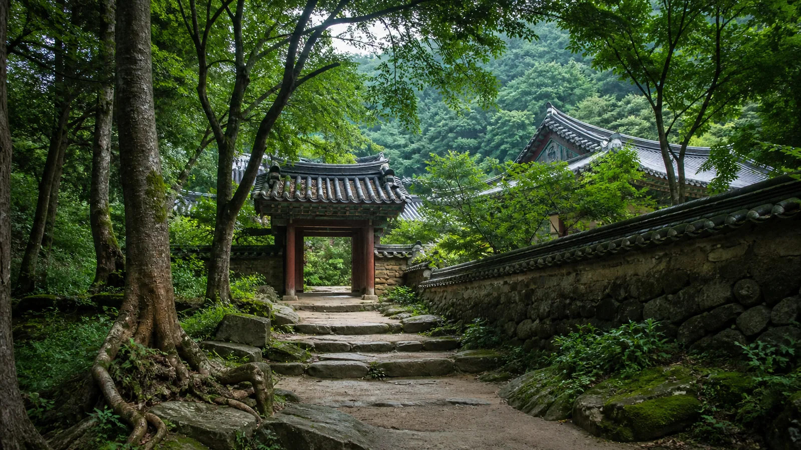 오래된 나무와 전통문 사이로 봉정사 지붕이 보이는 오르막 진입로
