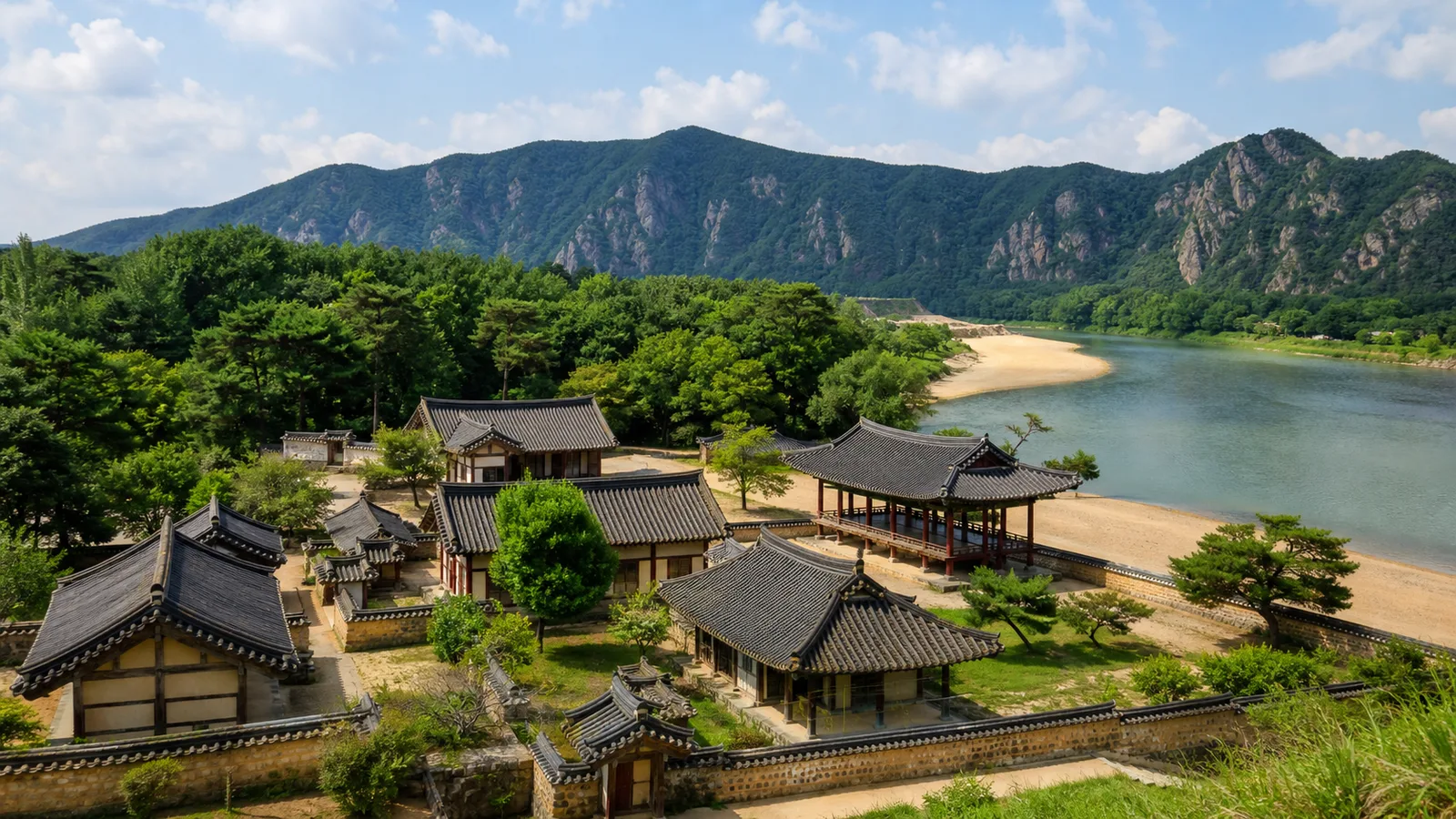 낙동강과 병산을 앞에 두고 기와 건물이 이어지는 안동 병산서원의 여름 전경