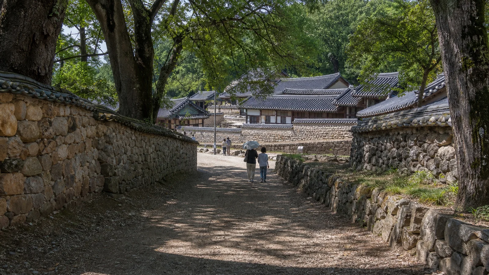 돌담과 오래된 나무 사이로 전통 기와지붕이 보이는 도산서원 진입로