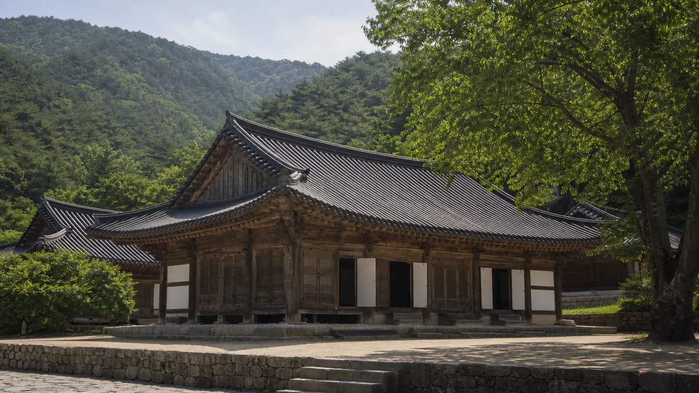 산자락 아래 목조 강당과 돌마당이 이어지는 안동 도산서원