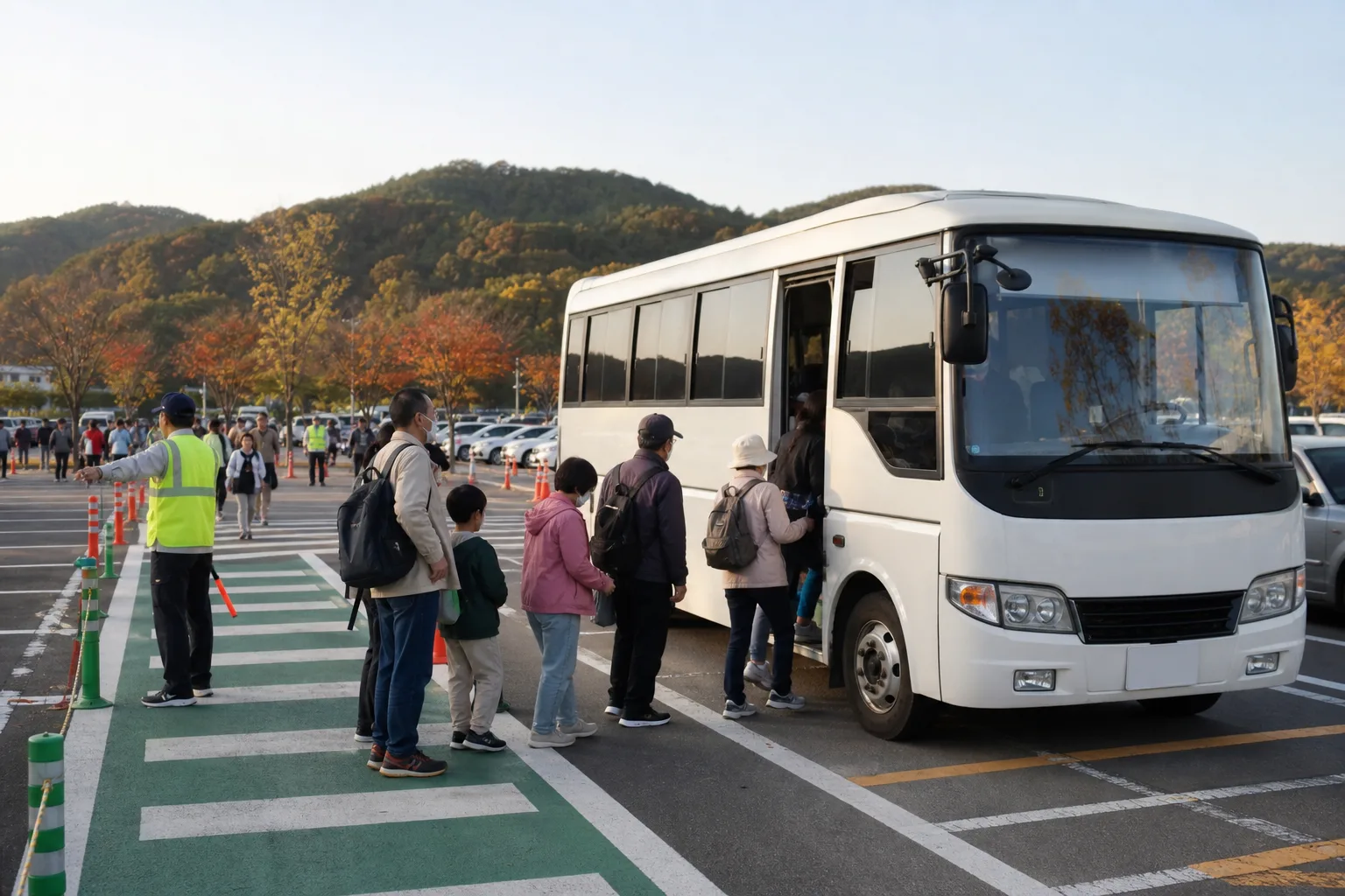 가을 축제 임시주차장에서 셔틀버스에 탑승하는 방문객