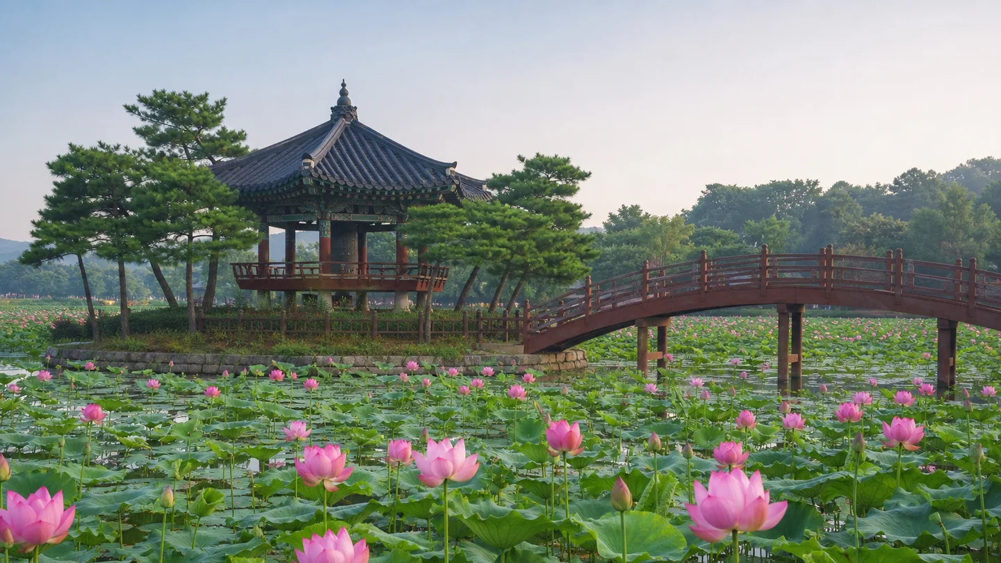 분홍 연꽃이 핀 연못과 포룡정, 목교가 어우러진 부여 궁남지