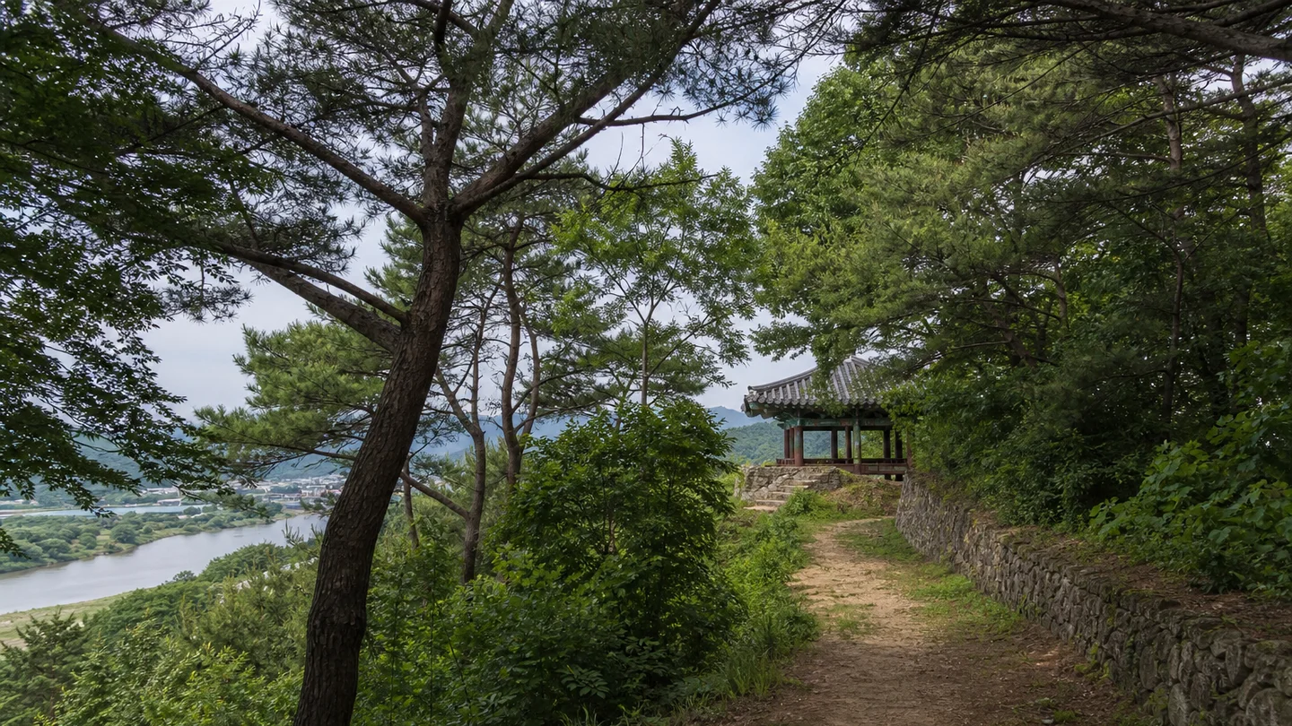 백마강을 내려다보는 부소산성의 숲길과 전통 정자
