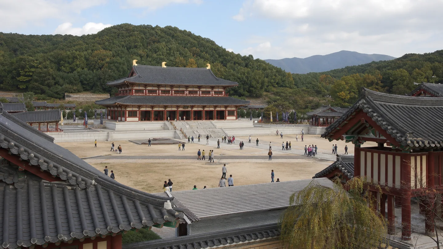 넓은 마당과 전각이 이어지는 부여 백제문화단지 사비궁