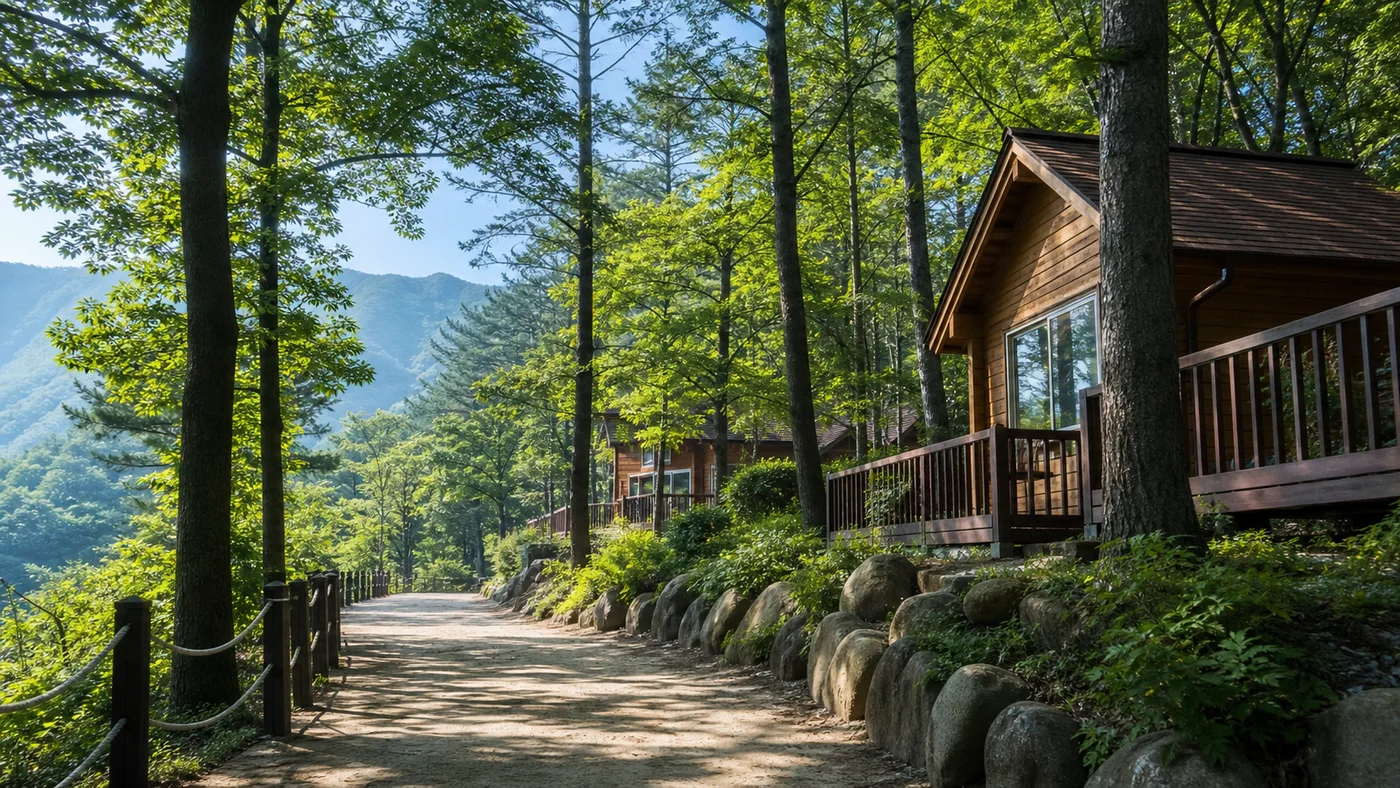여름 숲속 자연휴양림 숙소와 산책길