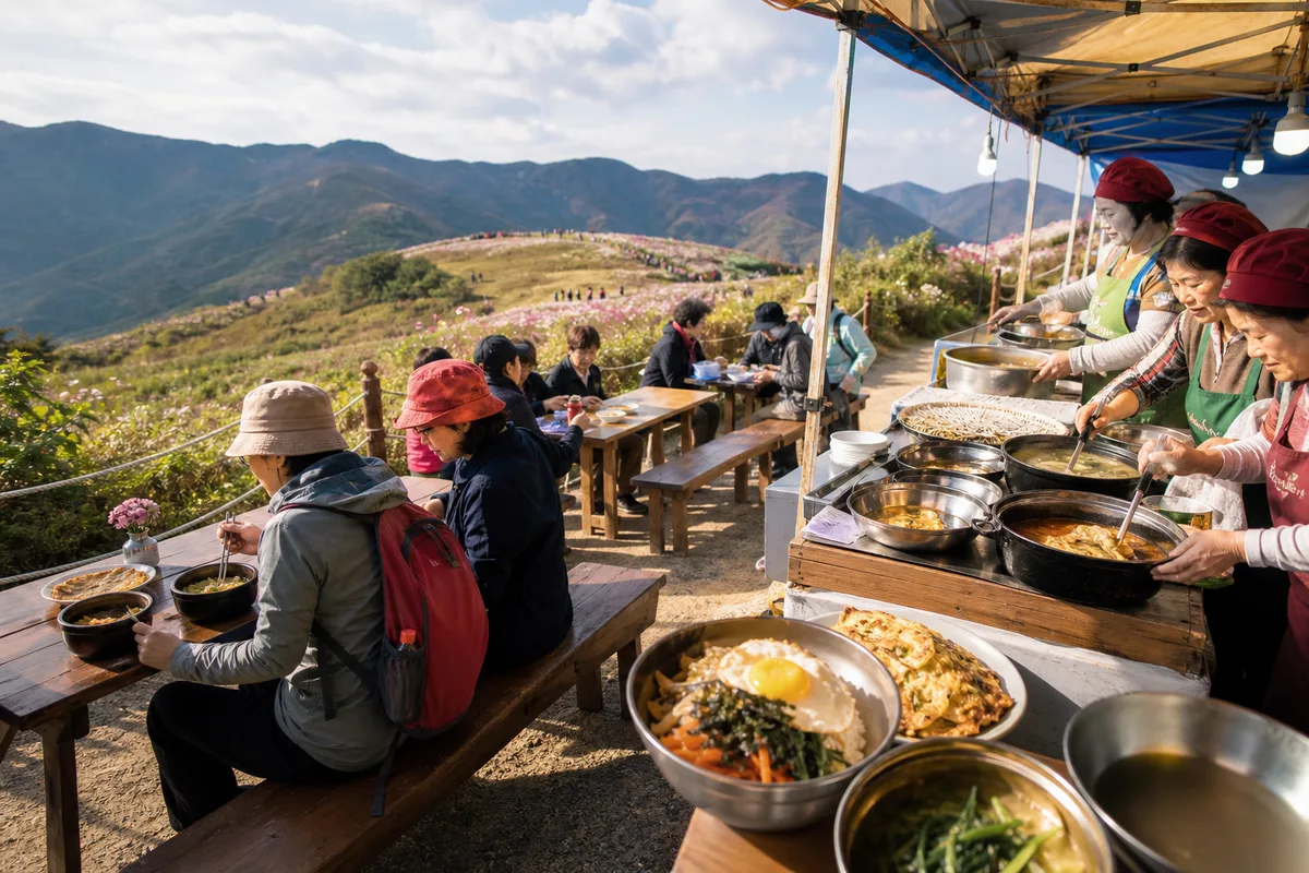 감악산 꽃밭 옆 지역 먹거리 장터에서 쉬는 여행객