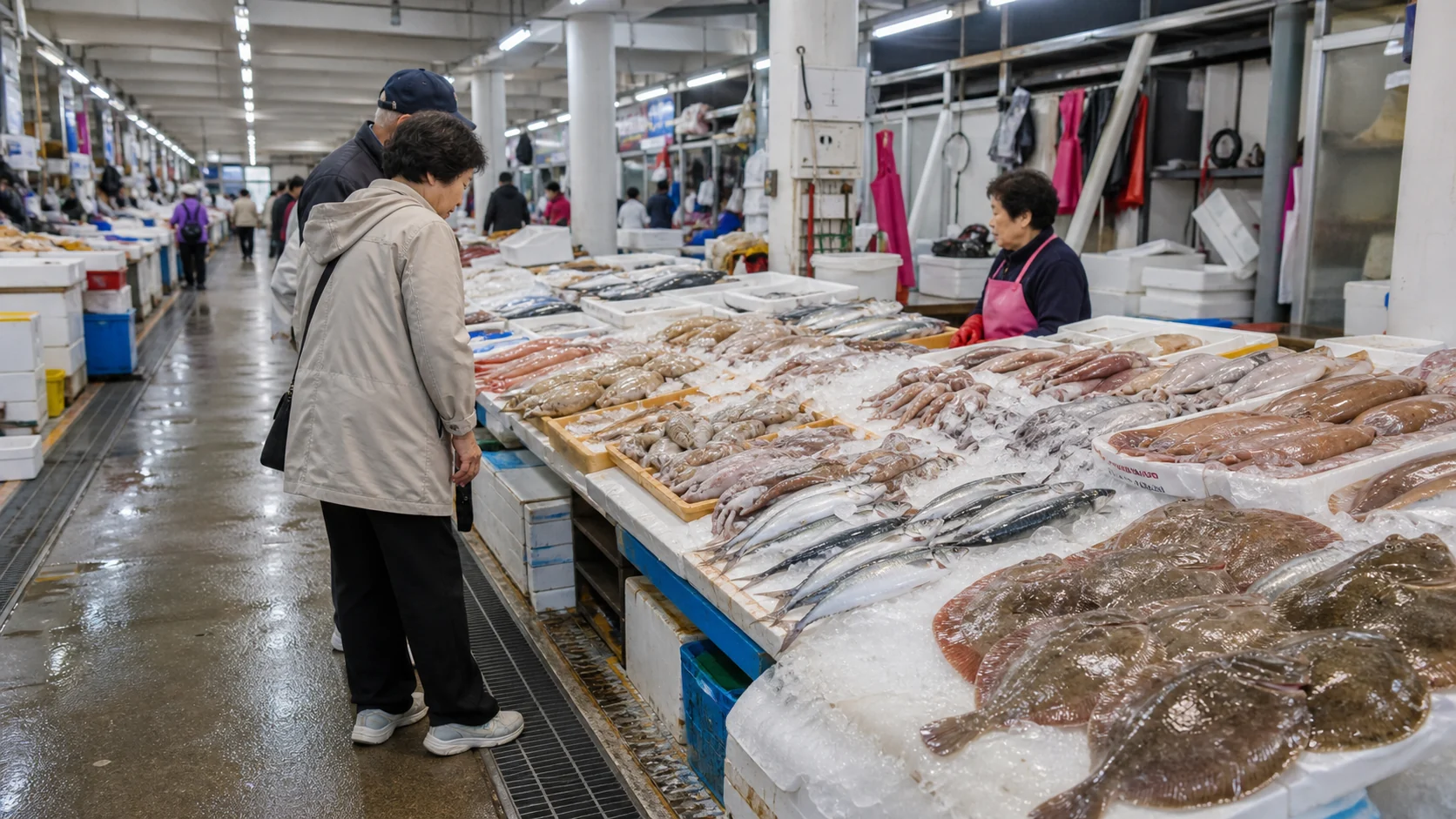 오징어와 생선이 얼음 위에 진열된 강릉 중앙시장 지하 수산물직판장