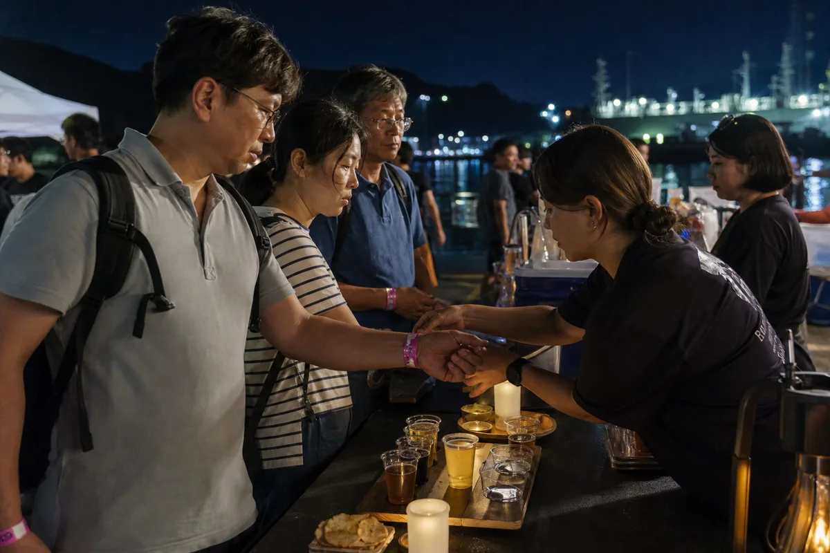 야외 맥주 축제에서 입장 손목띠를 확인하는 방문객