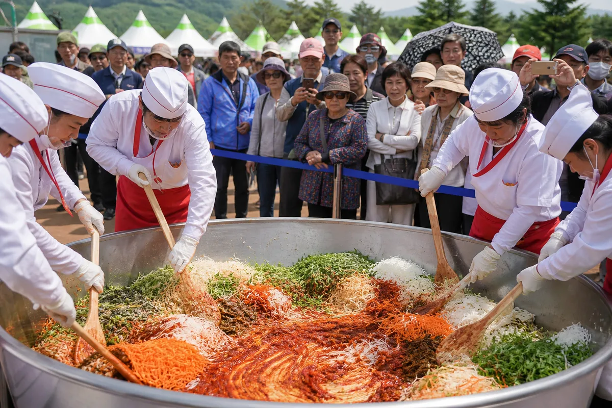 괴산의 지역 농산물로 만든 대형 비빔밥을 나누는 축제 장면