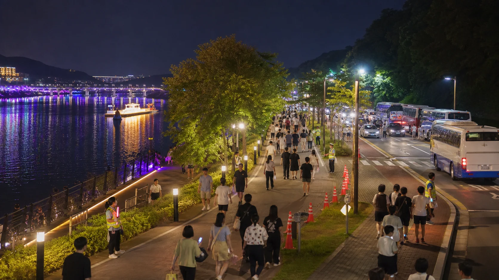 공주 금강변 축제가 끝난 뒤 조명이 있는 보행로와 버스 방향으로 이동하는 방문객