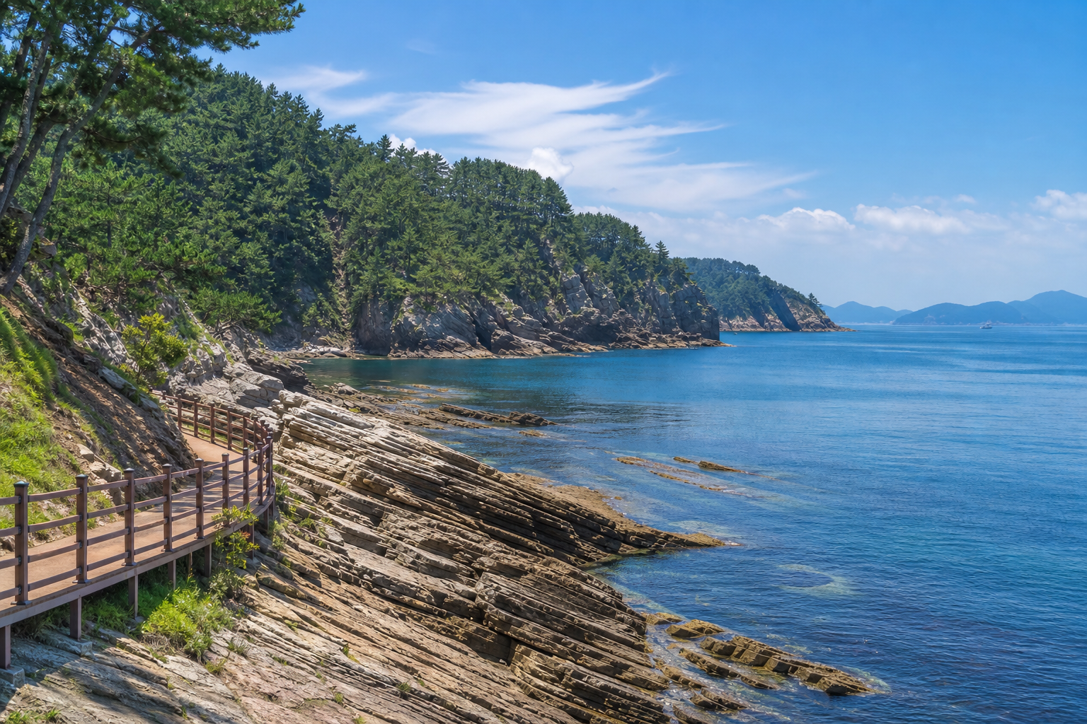 상족암 해안의 넓은 바위 지대와 푸른 남해 바다