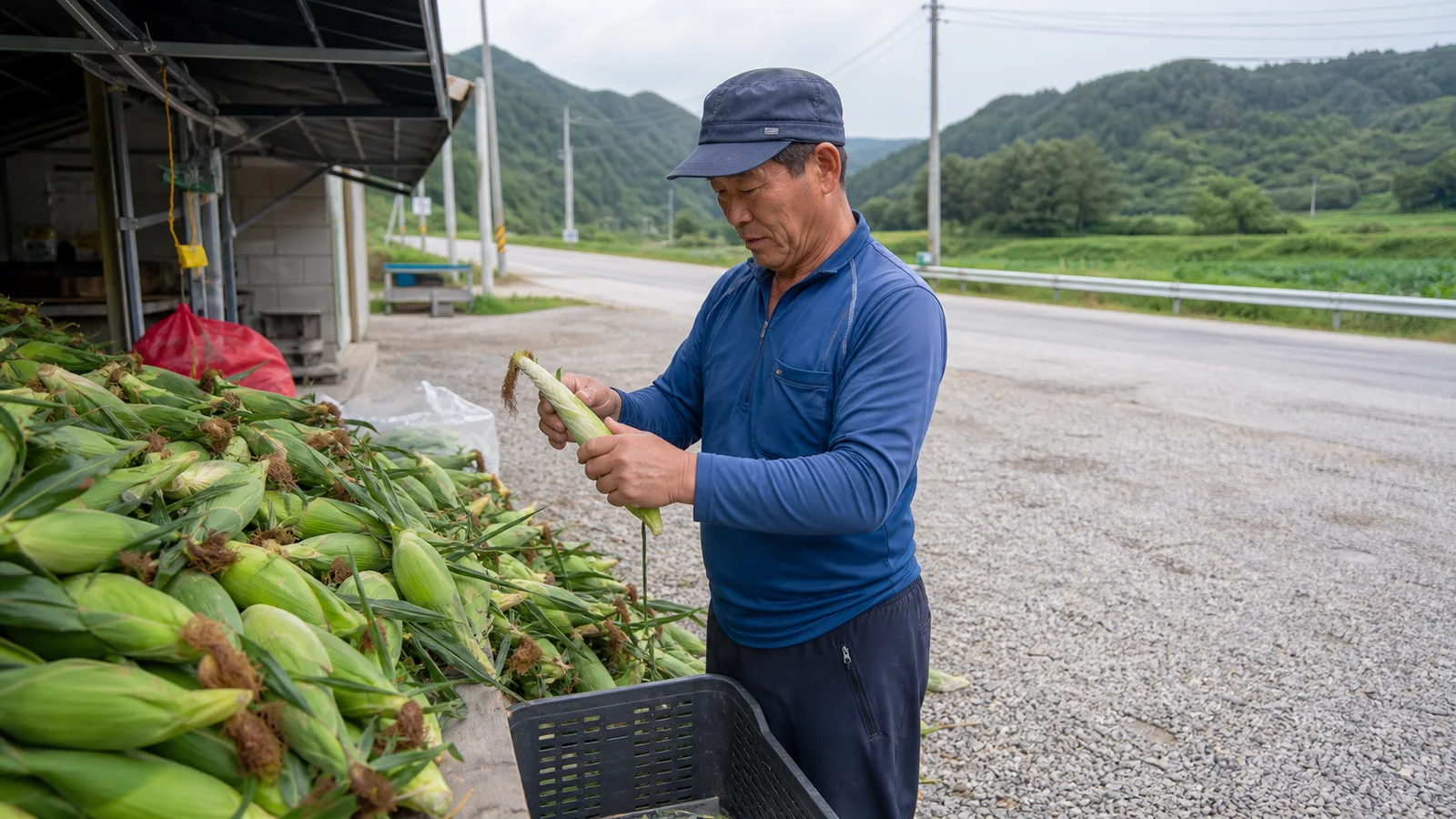산지 판매대에서 찰옥수수 품질을 살피는 홍천 농가