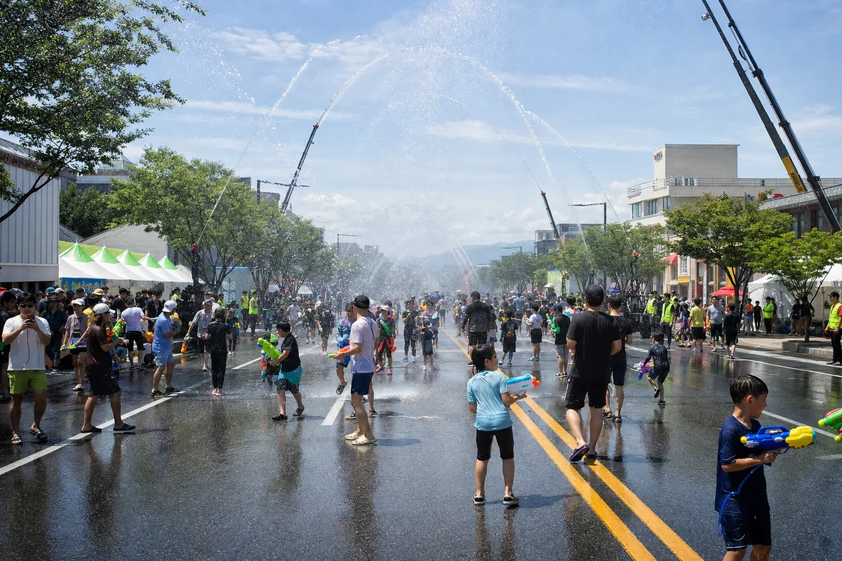 도심 거리에서 대형 물줄기와 함께 펼쳐지는 장흥 물축제 살수대첩