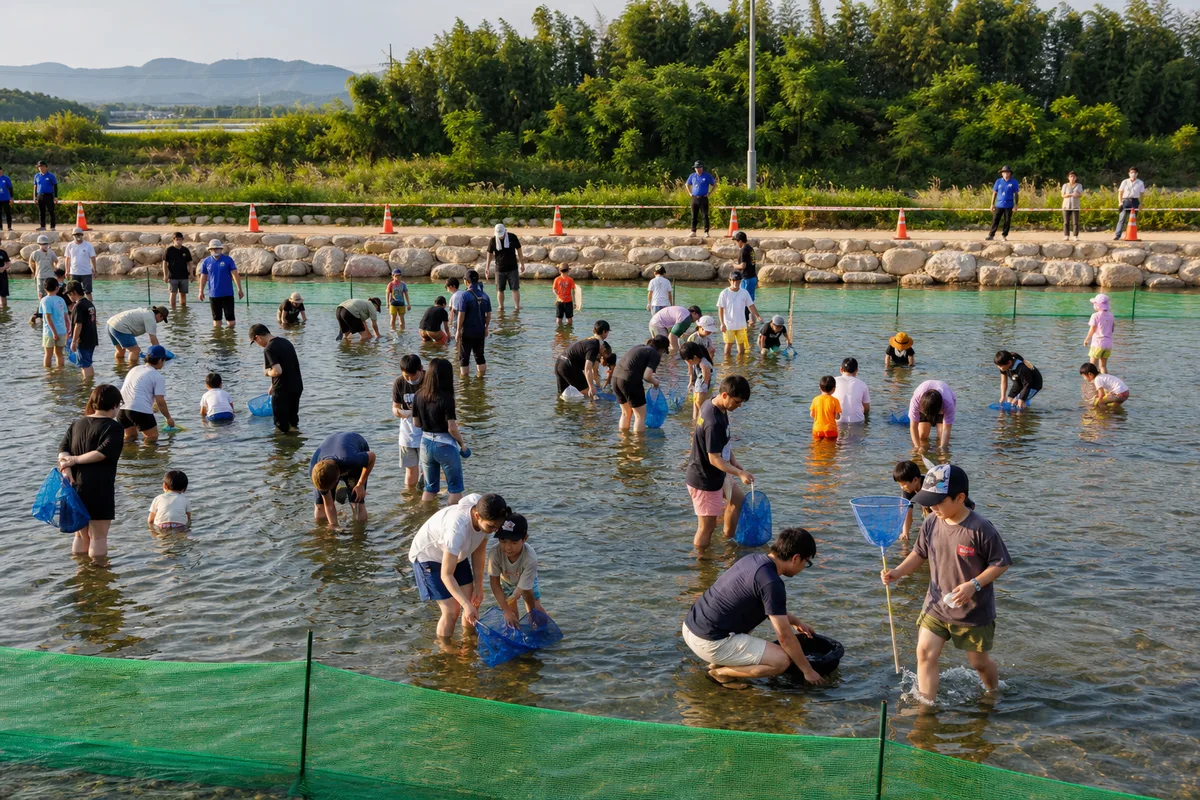 얕은 물에서 안전요원의 안내에 따라 물고기 잡기 체험을 하는 가족