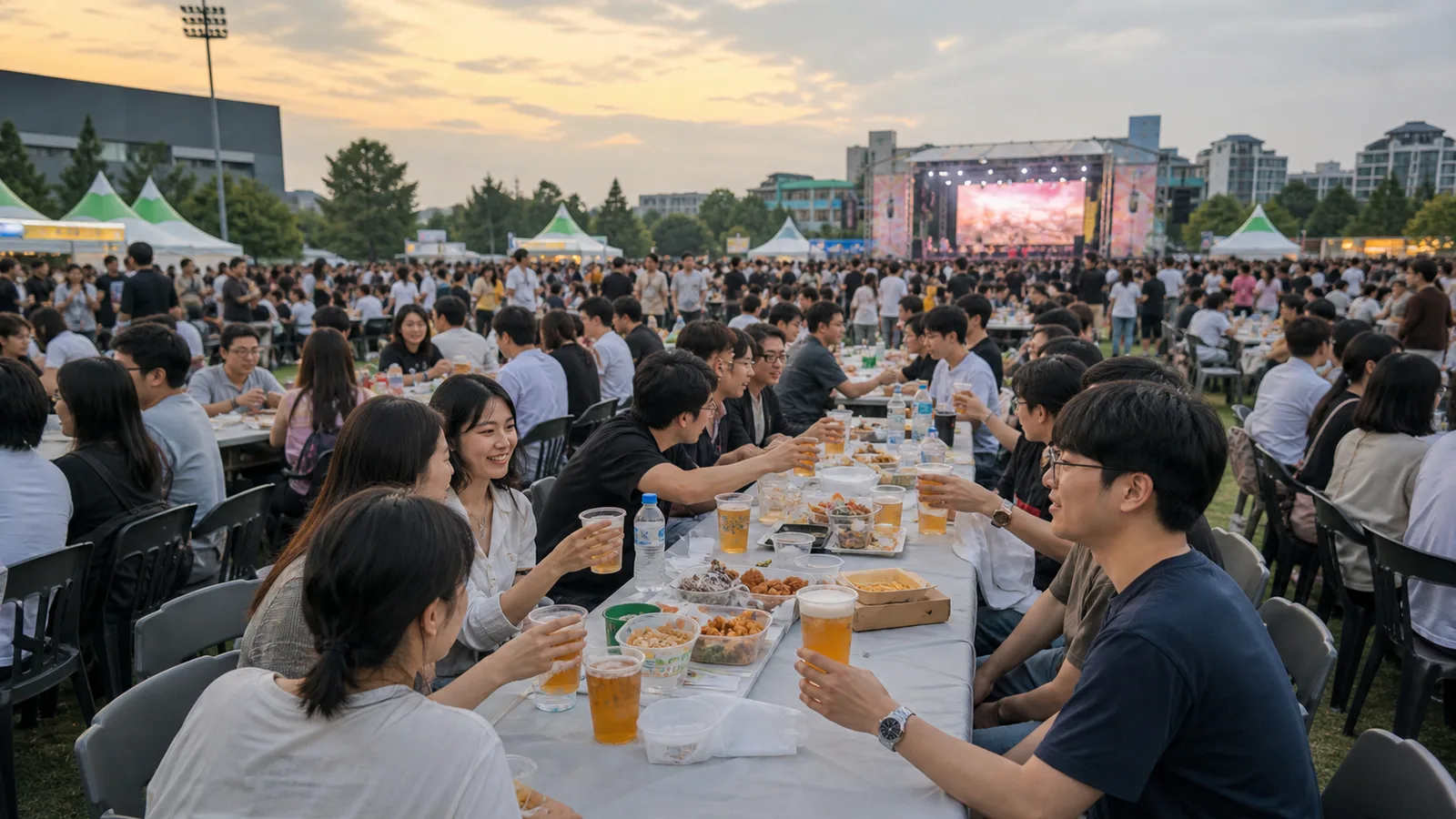 전북대학교 운동장에 긴 테이블과 공연 무대가 마련된 전주 가맥축제 여름밤