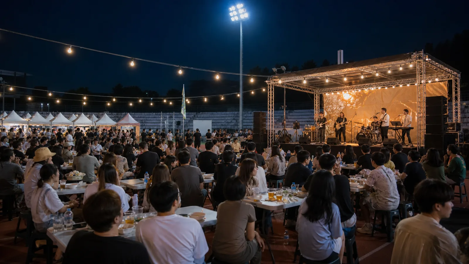 전주 가맥축제 야외 무대의 공연을 테이블에서 즐기는 관람객