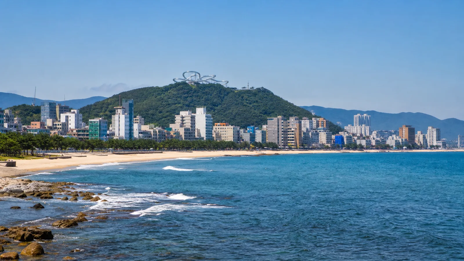 영일대 바다와 환호공원 스페이스워크가 함께 보이는 포항 해안