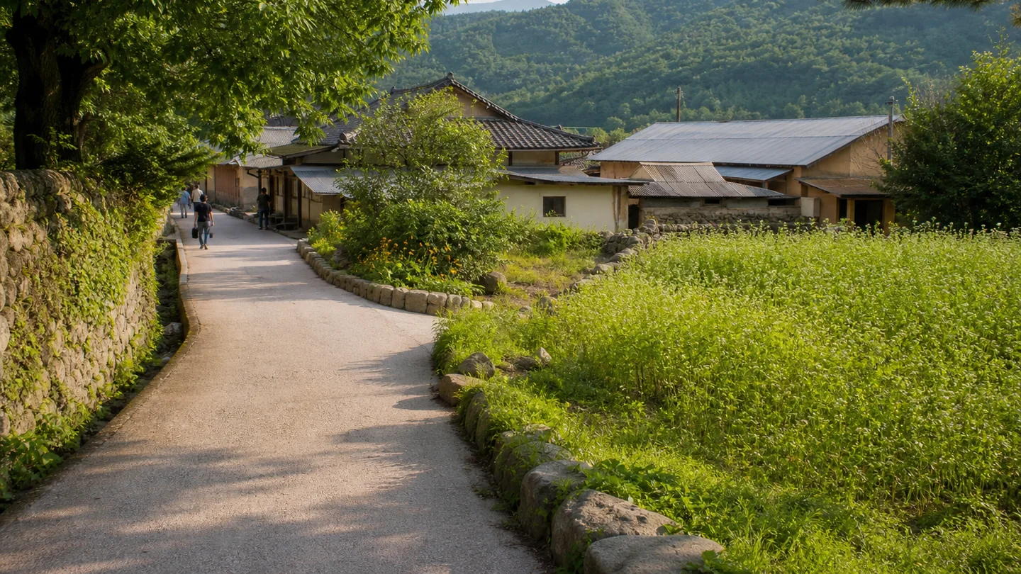 여름 초록 농경지와 오래된 집, 골목이 이어지는 평창 봉평 문화마을