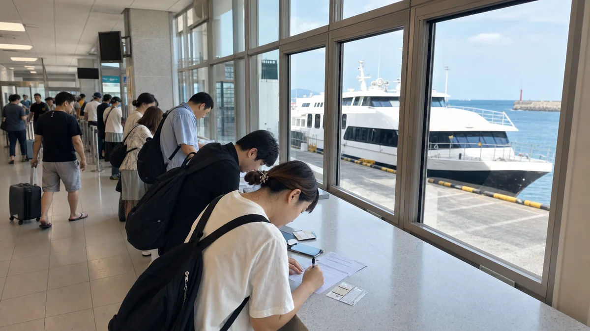 우도행 승선신고서를 작성하고 표를 확인하는 성산항 여객터미널 내부