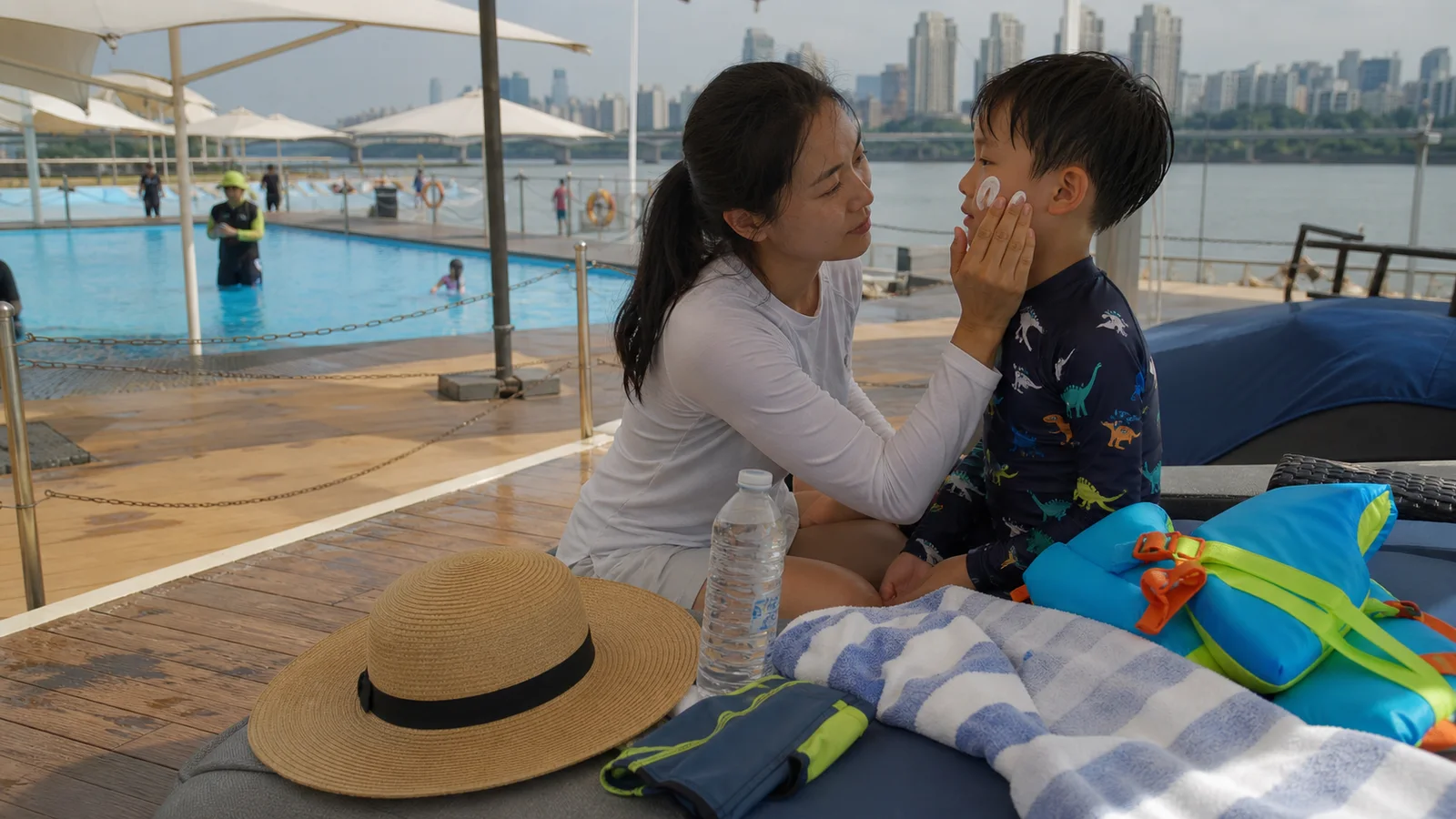 그늘 아래 수영복과 구명조끼를 챙기는 여의도 수영장 가족